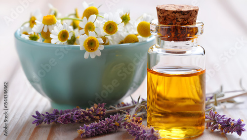 Chamomile Flowers Teal Bowl Gold Essential Oil Lavender Sprigs