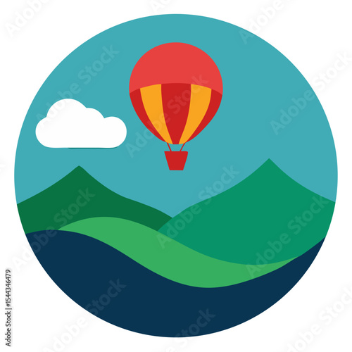 Hot air balloon over rolling green hills landscape