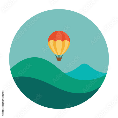Hot air balloon over rolling green hills