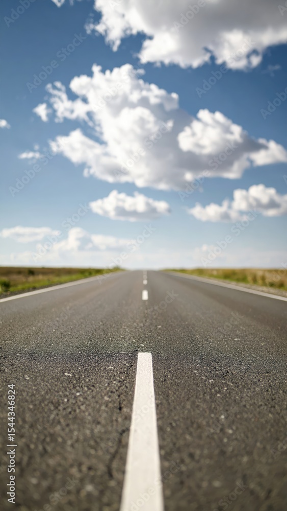 A straight, empty road stretches into the horizon beneath a bright blue sky dotted with white clouds. A straight, empty road stretches into the horizon beneath a bright blue sky dotted with white clouds.