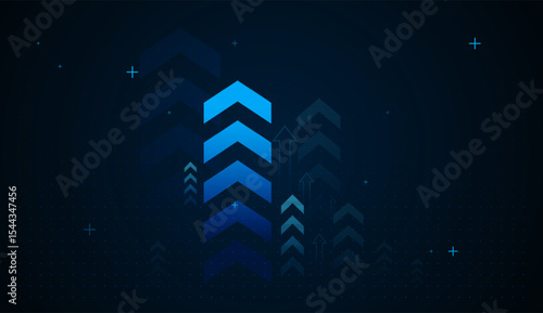 A big arrow moving up on dark blue background. the bright arrows upward growth trend Ideal for presentations, financial reports, or technology-driven branding, this image conveys strength