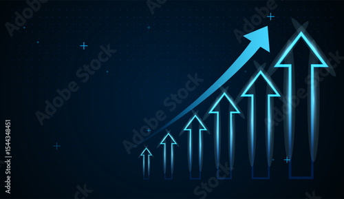 Blue up arrows chart with vibrant blue arrows pointing sharply upward, symbolizing strong market growth and bullish trends. Perfect for trading dashboards and financial reports