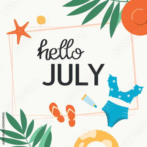 Hello July lettering. Summer holiday card. Template for invitation, congratulation, banner, poster, sale, post.