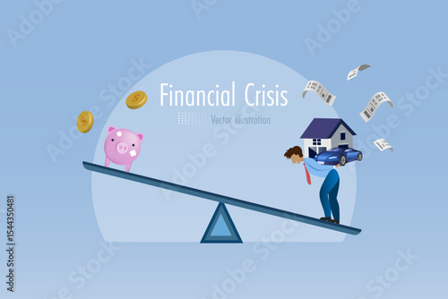 Fatigued man carrying house and car on back standing on imbalance seesaw with sick piggy bank, Imbalance between cost of living expenses and poor money savings. Financial crisis and cost of living.