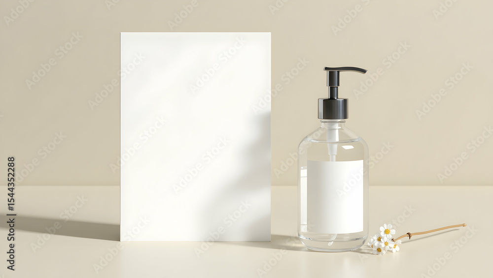 Obraz premium Clean Branding A glass pump bottle presented on a terrazzo concrete block, captured in soft natural light for clean skincare branding with neutral tones and botanical aesthetics (2)