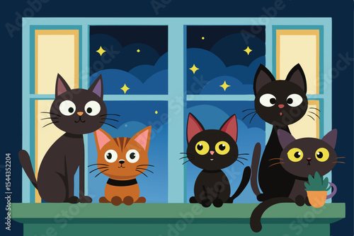 Five adorable cartoon cats of varying colors sit on a windowsill at night.