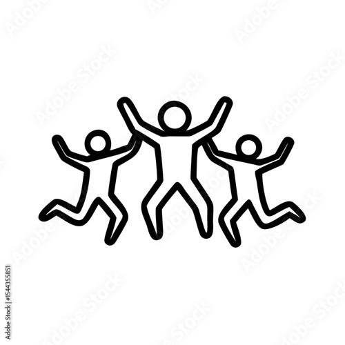 A black line icon of three people jumping with their arms raised in celebration. This simple vector graphic symbolizes happiness, success, and teamwork.