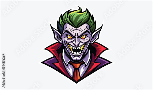 Smiling vampire mascot with green hair