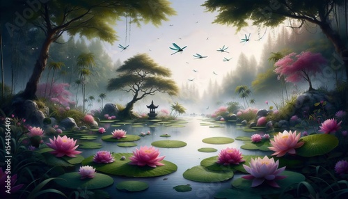 A tranquil pond with floating lotus flowers and dragonflies dart