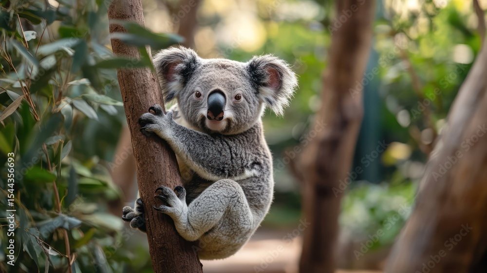 Fototapeta premium Grey koala clinging to tree trunk, surrounded by foliage