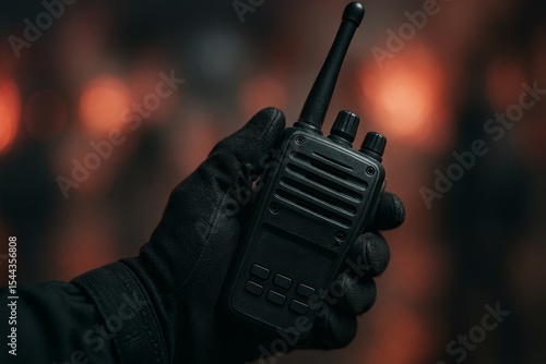 Gloved hand holding a black walkie-talkie with dramatic red lighting, symbolizing emergency, communication, and security.

