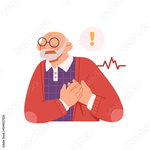 Elderly man grabbing his left chest in pain, suffering sudden heart attack, cardiac health medical emergency. Flat vector character illustration isolated on white background