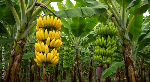 Close Up Captivating Banana Tree Plantation with Ripe and Unripe Fruit