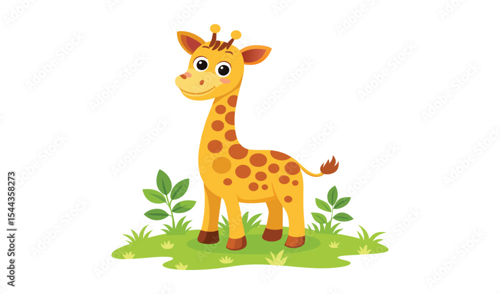 Obraz premium Adorable baby giraffe in grassland illustration