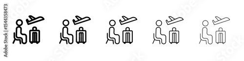 Traveler sitting in the airport lounge icon black and white vector sign