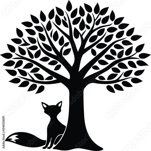 Silhouette of a fox sitting under a leafy tree in black and white