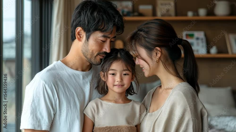 The parents both turn their heads to look down lovingly at their child The child looks up at them and smiles brightly The parents both turn their heads to look down lovingly at their child The child looks up at them and smiles brightly