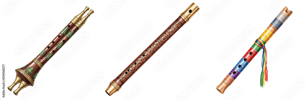 Fototapeta premium Watercolor Illustration of Diverse Traditional Flutes and Wind Instruments with Intricate Cultural Designs and Ornaments