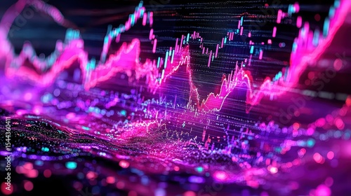 A close-up of a digital screen, where a ticker of stock market news flashed, accompanied by intricate charts illustrating fluctuating interest rates, trade wars, and market volatility 