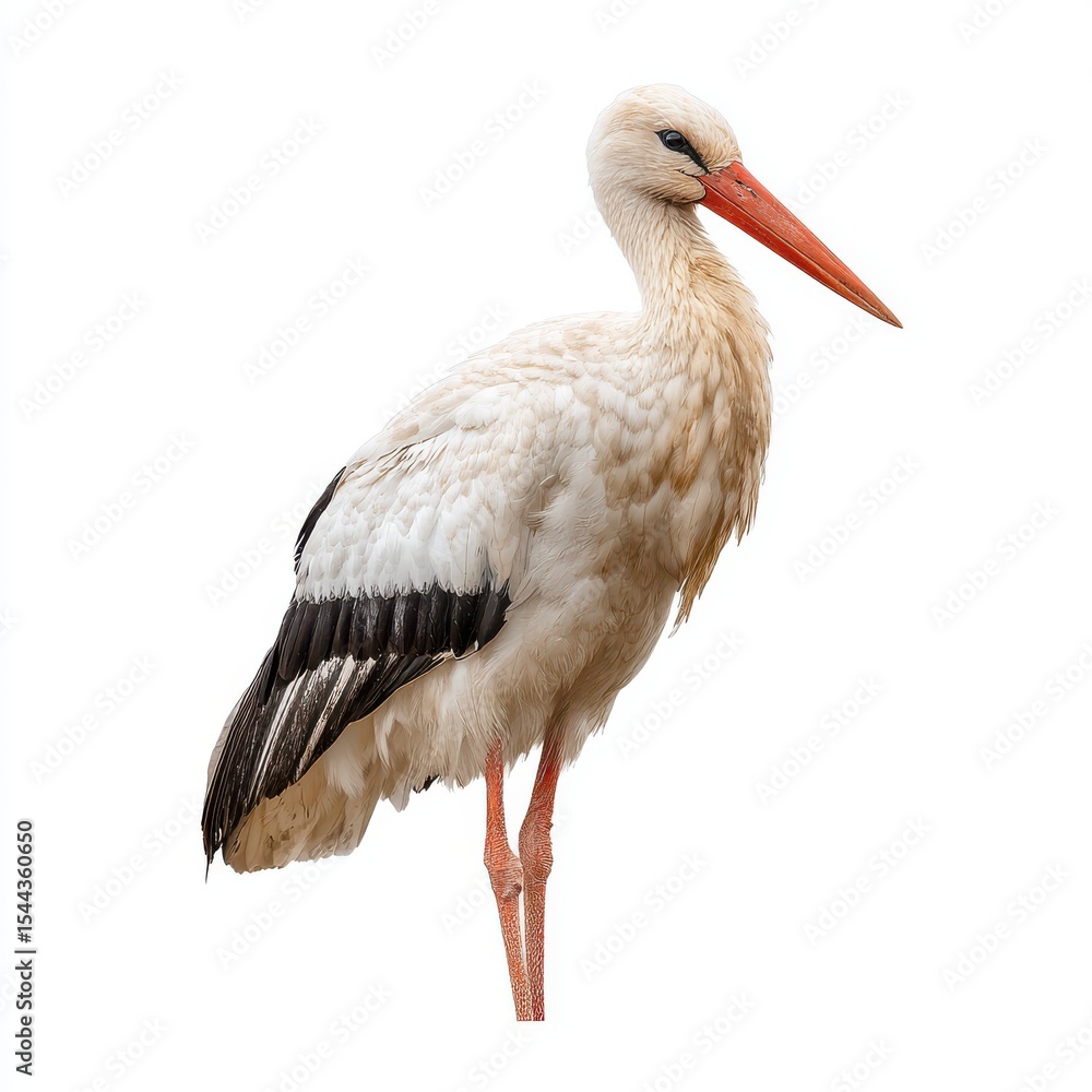 Obraz premium White Stork on White Background Detailed Profile View of a Bird