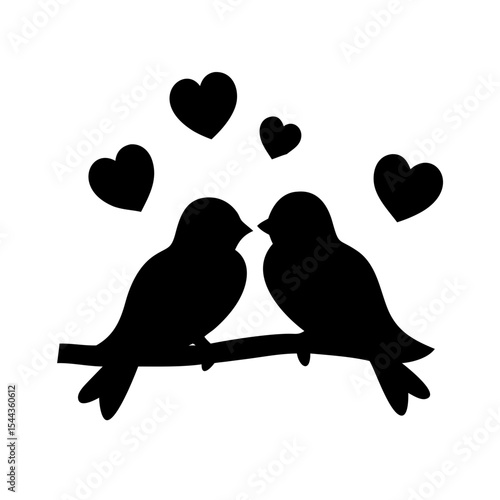 Romantic Bird Couple Silhouette Love Birds on Branch with Hearts, vector silhouette illustration