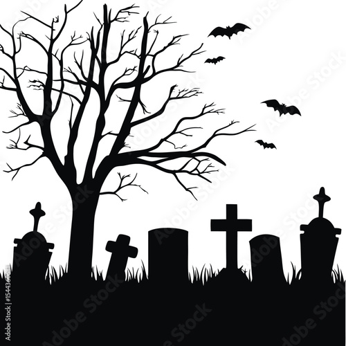 A somber silhouette of a graveyard at night, featuring a bare tree, several tombstones, and bats in flight.