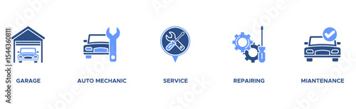Car servicing banner web icon vector illustration concept with icon of garage, auto mechanic, service, repairing and maintenace