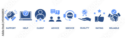 Customer care banner web icon vector illustration concept for customer support and telemarketing service with an icon of help, client, advice, chat, service, reliability, quality, and satisfaction