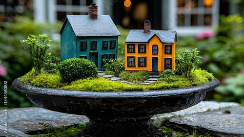 Miniature Teal and Yellow Houses on Mossy Micro Landscape