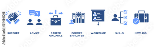 Outplacement banner web icon vector illustration concept with icon of support, advice, career guidance, former employer, workshop, skills, new job, training, and presentation