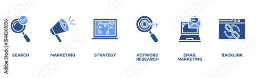 Seo marketing banner web icon vector illustration concept with icon of search, marketing, strategy, keyword research, email marketing, backlink