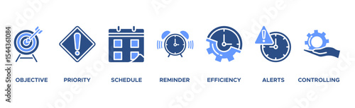 Time management banner web icon vector illustration concept with icon of objective, priority, schedule, reminder, efficiency, alerts, and controlling