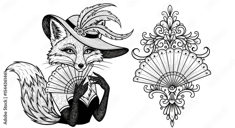 Obraz premium Elegant Fox Lady and Floral Adornment: A sophisticated line art composition features a fox wearing an elaborate hat and holding a fan, complemented by a detailed floral ornament