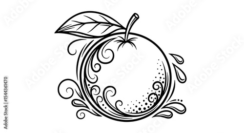 Artistic Orange Motif: An artistic representation of a juicy orange, with a leaf and swirling designs. A beautiful representation of freshness and vitality.