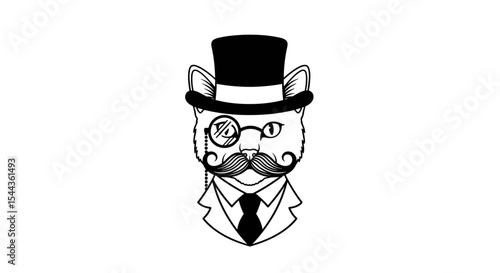 Sir Cat: An elegant, vintage-style illustration of a dapper cat, sporting a top hat, monocle, and a distinguished mustache, embodying sophistication and charm.