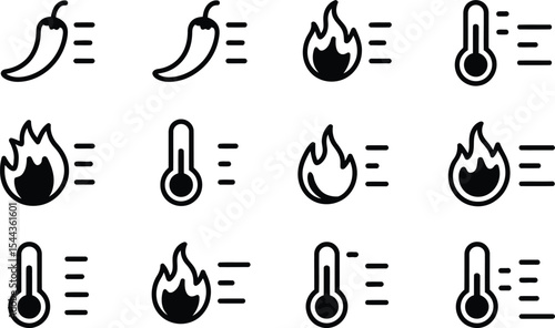 Vector illustration of black and white icons for hot spicy chili peppers, flames, and thermometers
