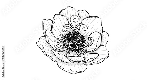 Elegant Floral Line Art: A delicate and graceful monochrome illustration of a blooming flower, its petals meticulously outlined and its intricate details brought to life