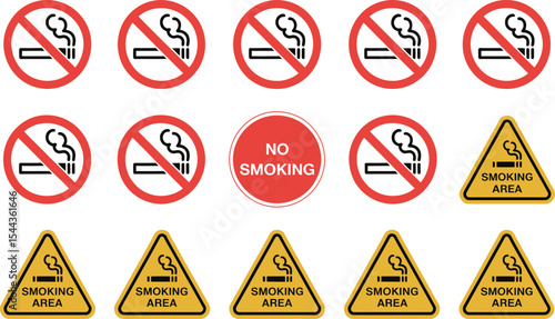 Various no smoking and smoking area signs in red yellow and black colors for regulations and warnings