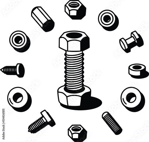 Black and white illustration of various fasteners including bolts nuts and washers