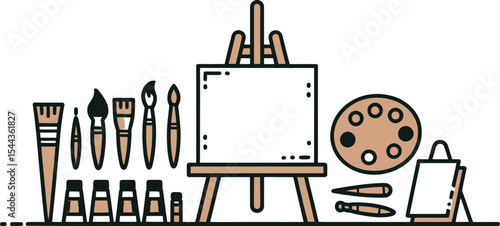 Artistic tools illustration featuring a canvas easel paint palette and artist paint brushes