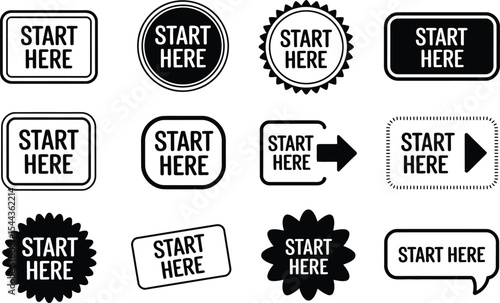 Collection of various "start here" buttons and badges in black and white designs