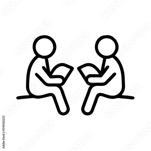 Collaborative Learning Two Individuals Engaging in Shared Reading and Discussion, vector line art silhouette illustration