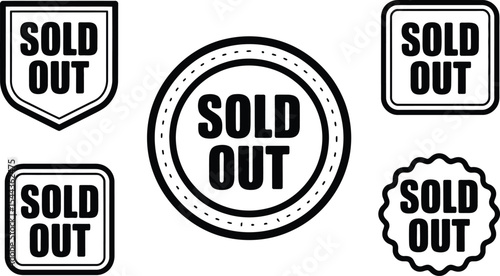 Set of five black and white sold out stamps in various shapes and design styles