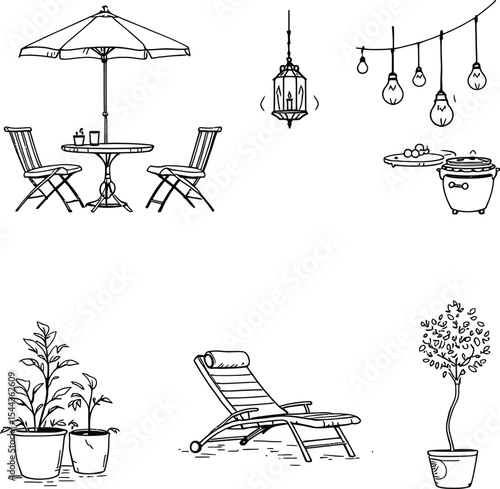 Black-and-White Vector Illustration of a Cozy Outdoor Patio Scene – Featuring Furniture, Grill, and Garden Decor