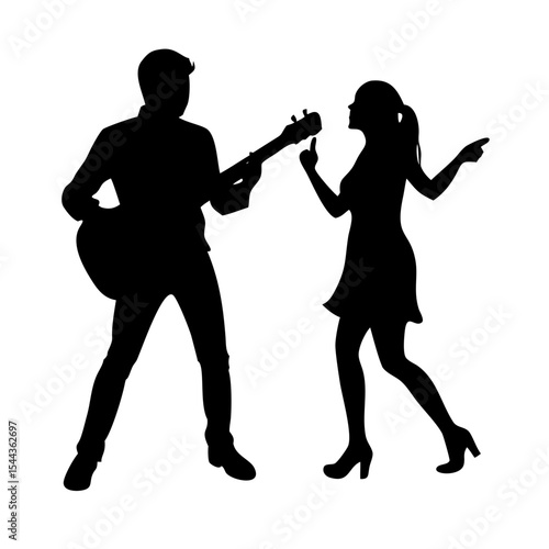 Silhouette of a Man Playing Guitar and a Woman Singing, vector silhouette illustration