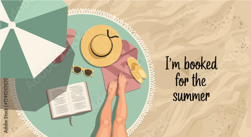 Top view of woman relaxing on beach reading in summer