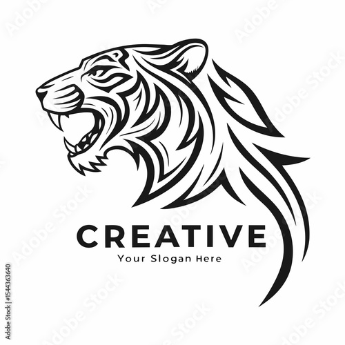 A striking black and white vector illustration showcases the head of a roaring tiger, presented in profile, facing left. The tiger's mouth is open, revealing sharp teeth and a detailed tongue. Its eye