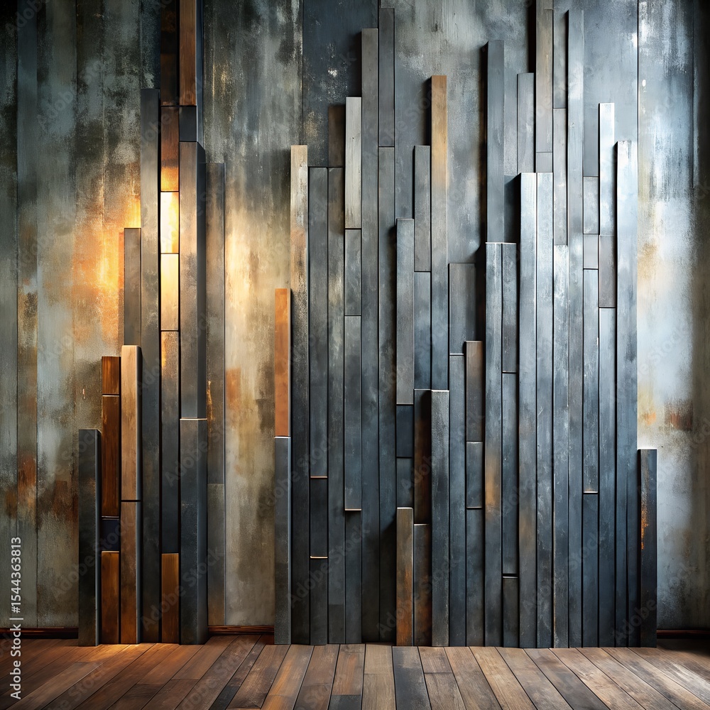 Obraz premium Faded charcoal wall with tall, textured vertical art forms, Modern interior featuring faded charcoal wall and vertical textured art 