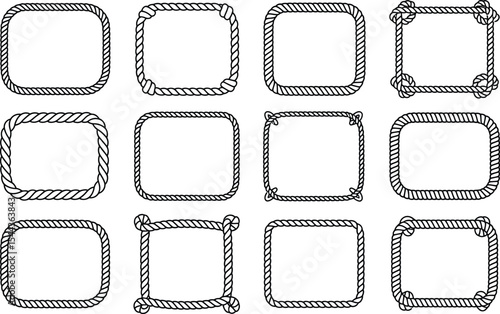 Collection of twelve nautical rope frames outlined in black and white for design elements