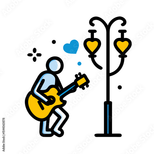 Romantic Guitarist serenading under Heart-shaped Streetlights